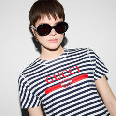 Striped Cotton Jersey T-shirt With Gucci Print
