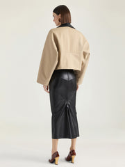 Cropped Peacoat With Leather Collar In Cotton And Wool