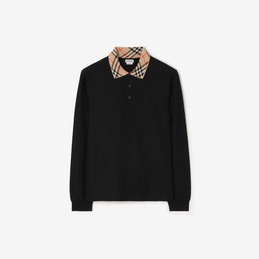 Long-sleeve Check Collar Cotton Polo Shirt