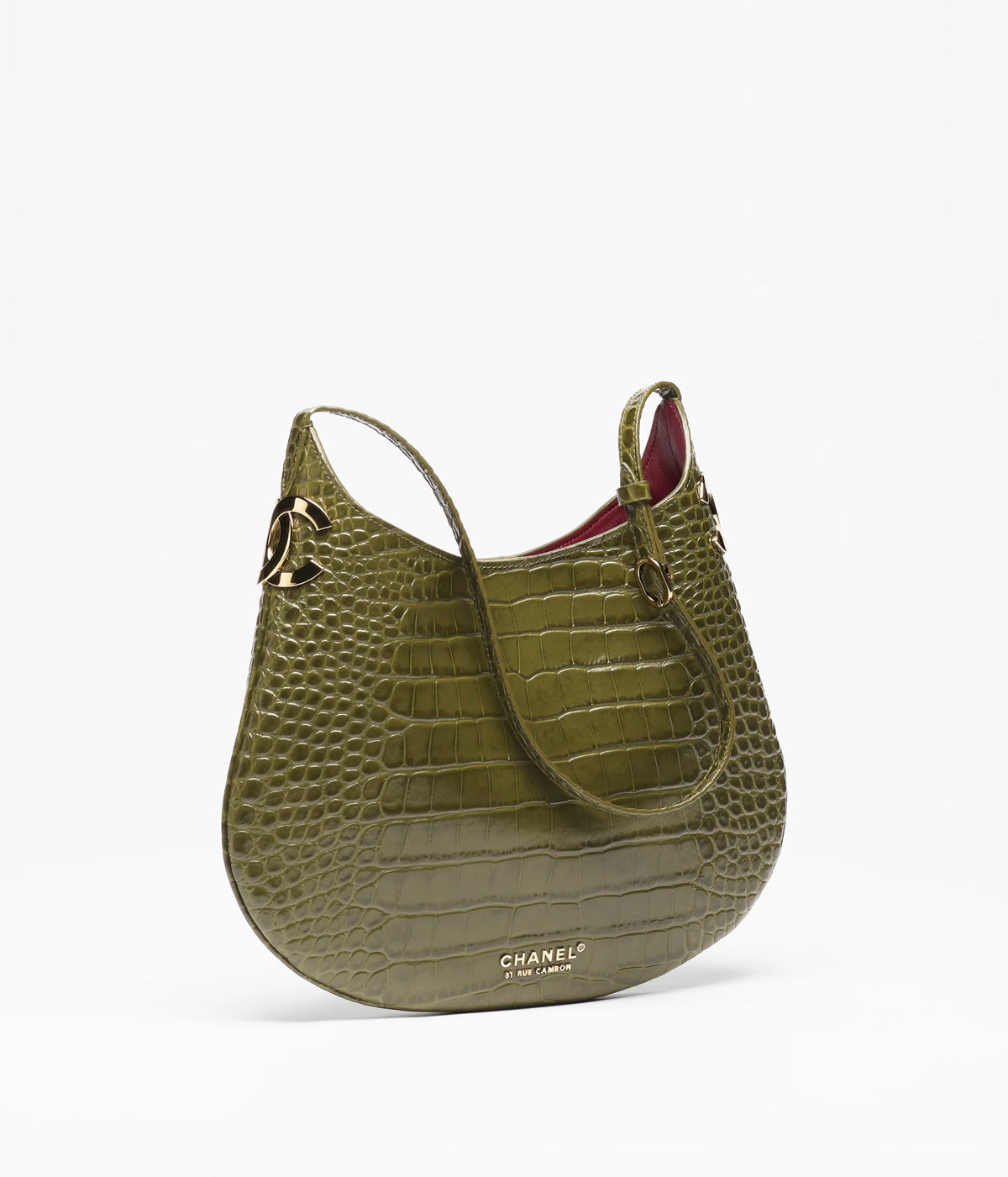 Hobo Handbag   Crocodile Embossed Calfskin & Gold-Tone Metal  Khaki