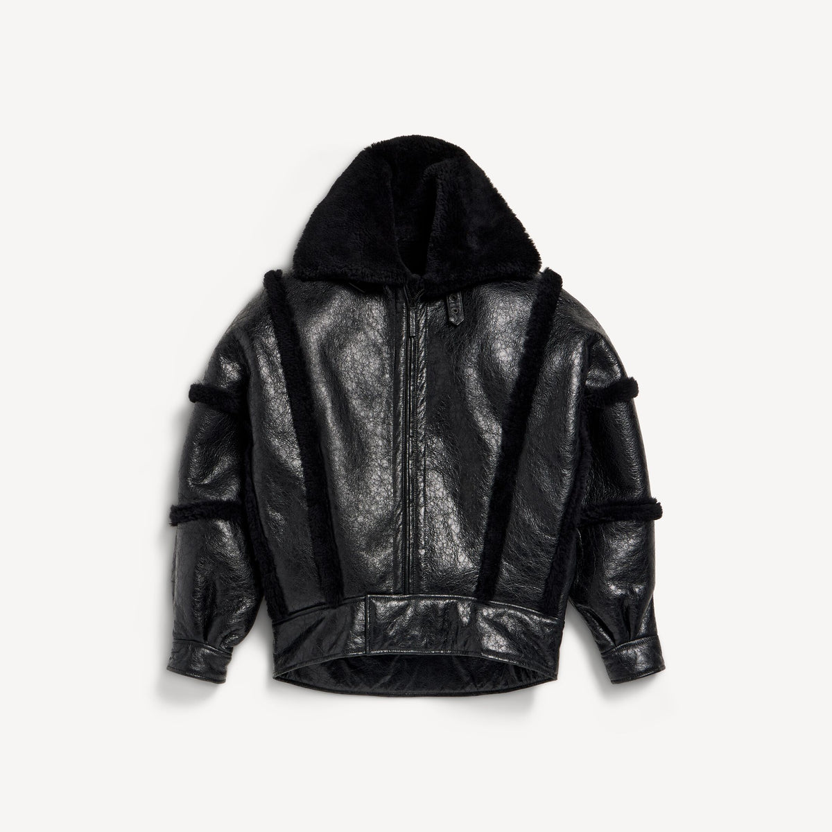Men's High Collar Leather Jacket With Shearling Details And Lining In Black