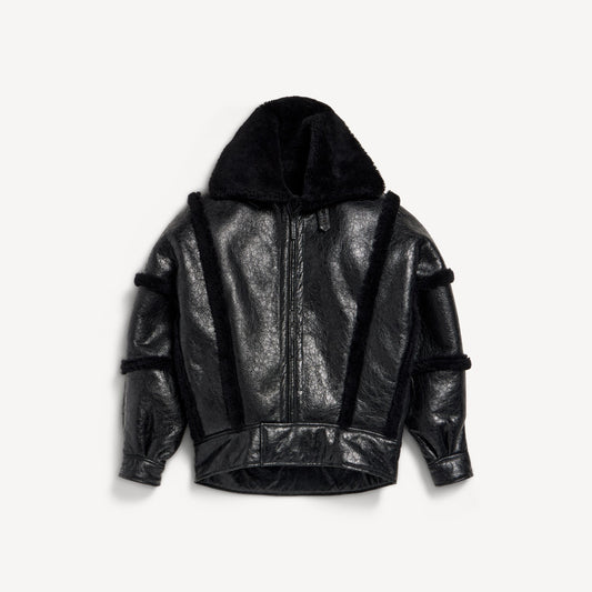 Men's High Collar Leather Jacket With Shearling Details And Lining In Black