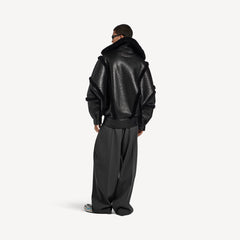 Men's High Collar Leather Jacket With Shearling Details And Lining In Black