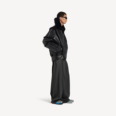 Men's High Collar Leather Jacket With Shearling Details And Lining In Black