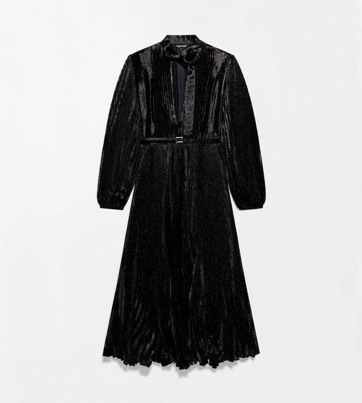 Silk Charmeuse Lurex Belted Plissé Soleil Lavalliere Dress