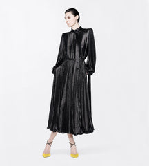 Silk Charmeuse Lurex Belted Plissé Soleil Lavalliere Dress