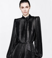 Silk Charmeuse Lurex Belted Plissé Soleil Lavalliere Dress