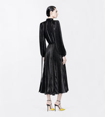 Silk Charmeuse Lurex Belted Plissé Soleil Lavalliere Dress