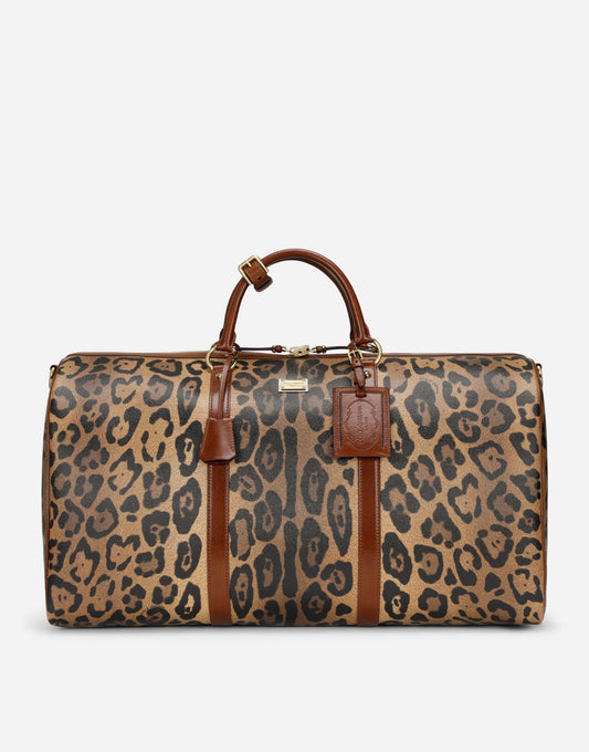 Medium Travel Bag In Leopard-print Crespo With Branded Plate