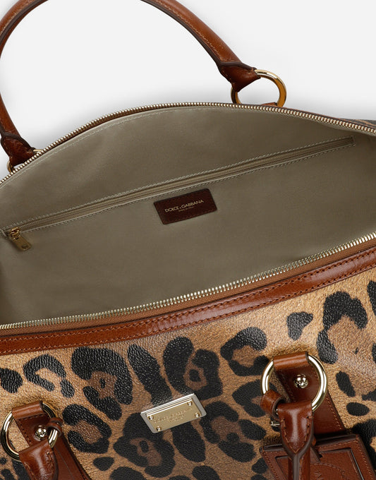 Medium Travel Bag In Leopard-print Crespo With Branded Plate