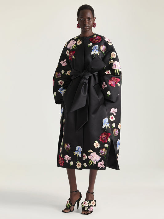 Cocoon Coat In Satin With Embroideries
