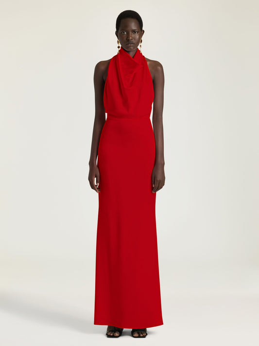 Long Draped Halterneck Dress In Satin Crepe