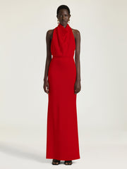 Long Draped Halterneck Dress In Satin Crepe