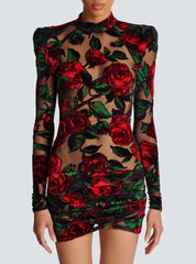 Burnout velvet dress with Rose print