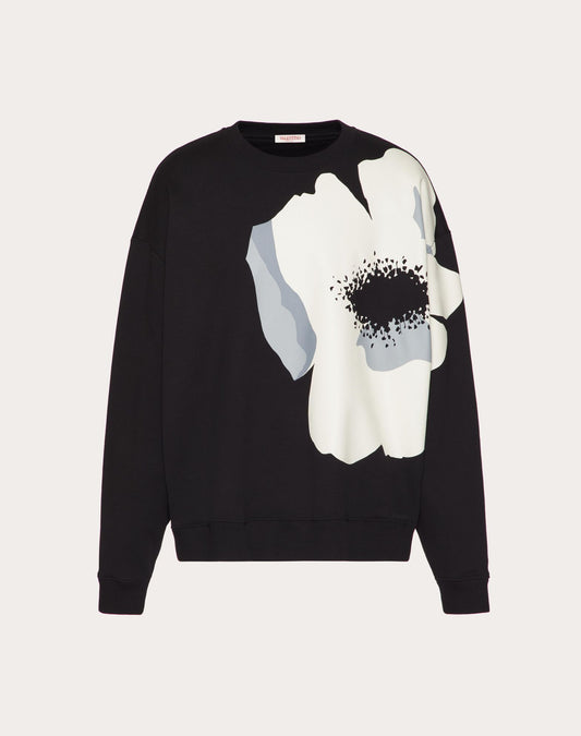 Cotton Crewneck Sweatshirt With Valentino Flower Portrait Print