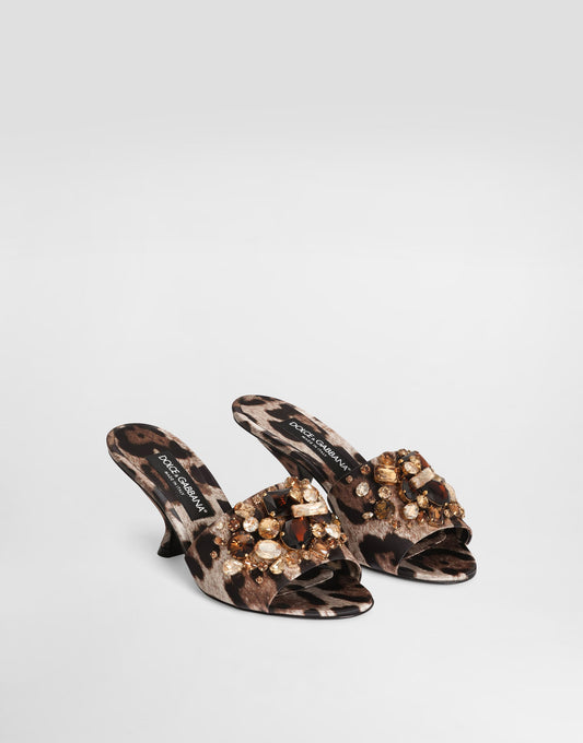 Leopard-print Satin Mules With Embellishments