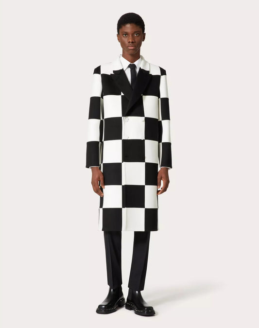 Double-Breasted Wool and Cashmere Coat with Ex Chess All-Over Intarsia Pattern