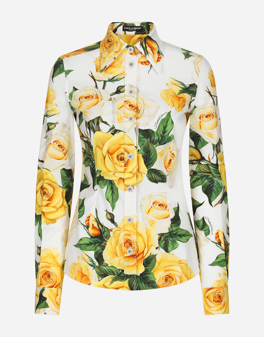 Long-Sleeved Cotton Shirt With Yellow Rose Print