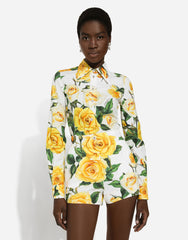 Long-Sleeved Cotton Shirt With Yellow Rose Print