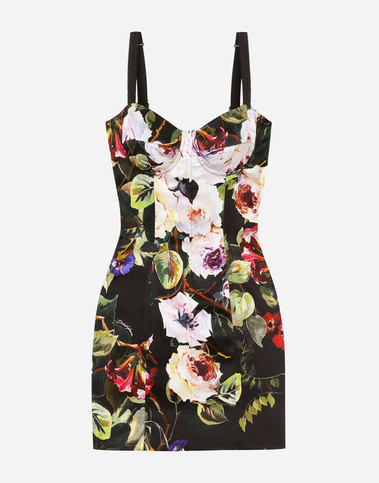 Short Satin Corset Dress With Rose Garden Print