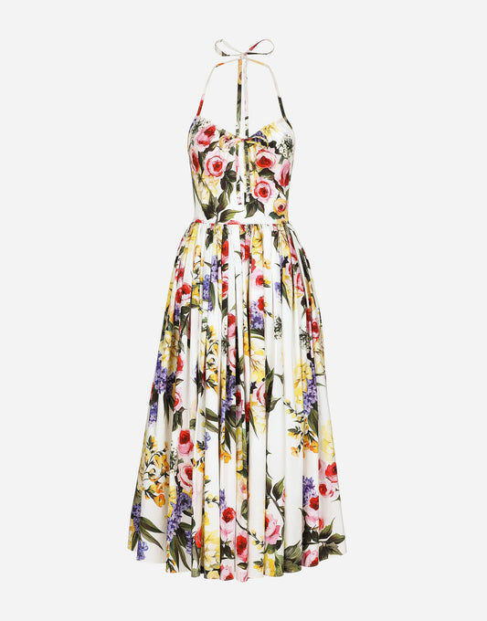 Calf-Length Cotton Dress With Garden Print