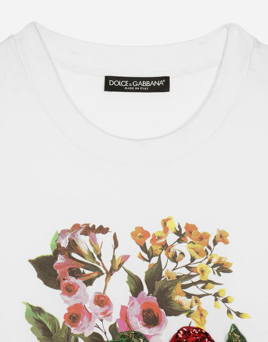 Jersey T-shirt With Print And Floral Embroidery