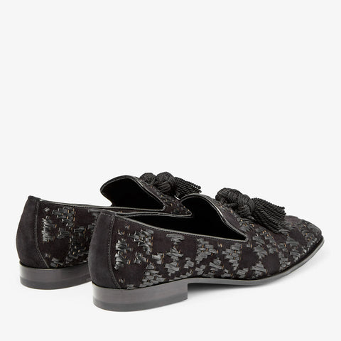 Foxley/M Black Velvet Suede and Raffia Slip-On Shoes with Tassel