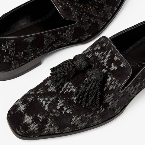 Foxley/M Black Velvet Suede and Raffia Slip-On Shoes with Tassel