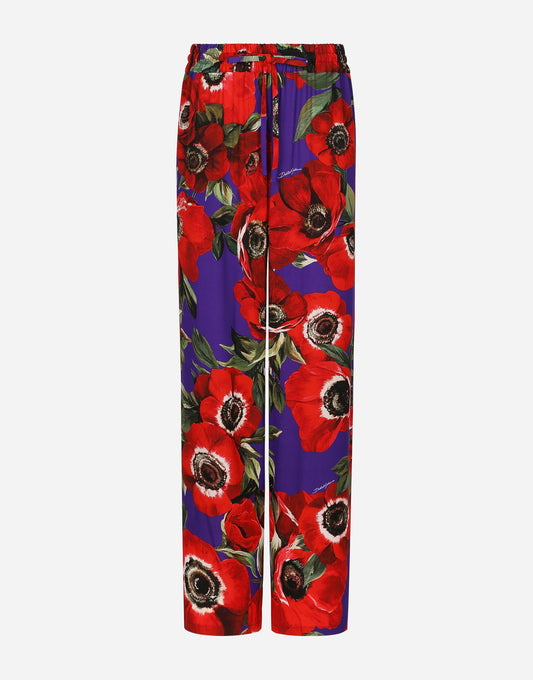 Flared Charmeuse Pants With Anemone Print