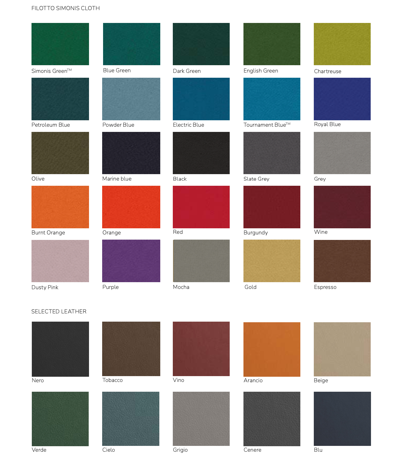 Filotto Materials and Color Options