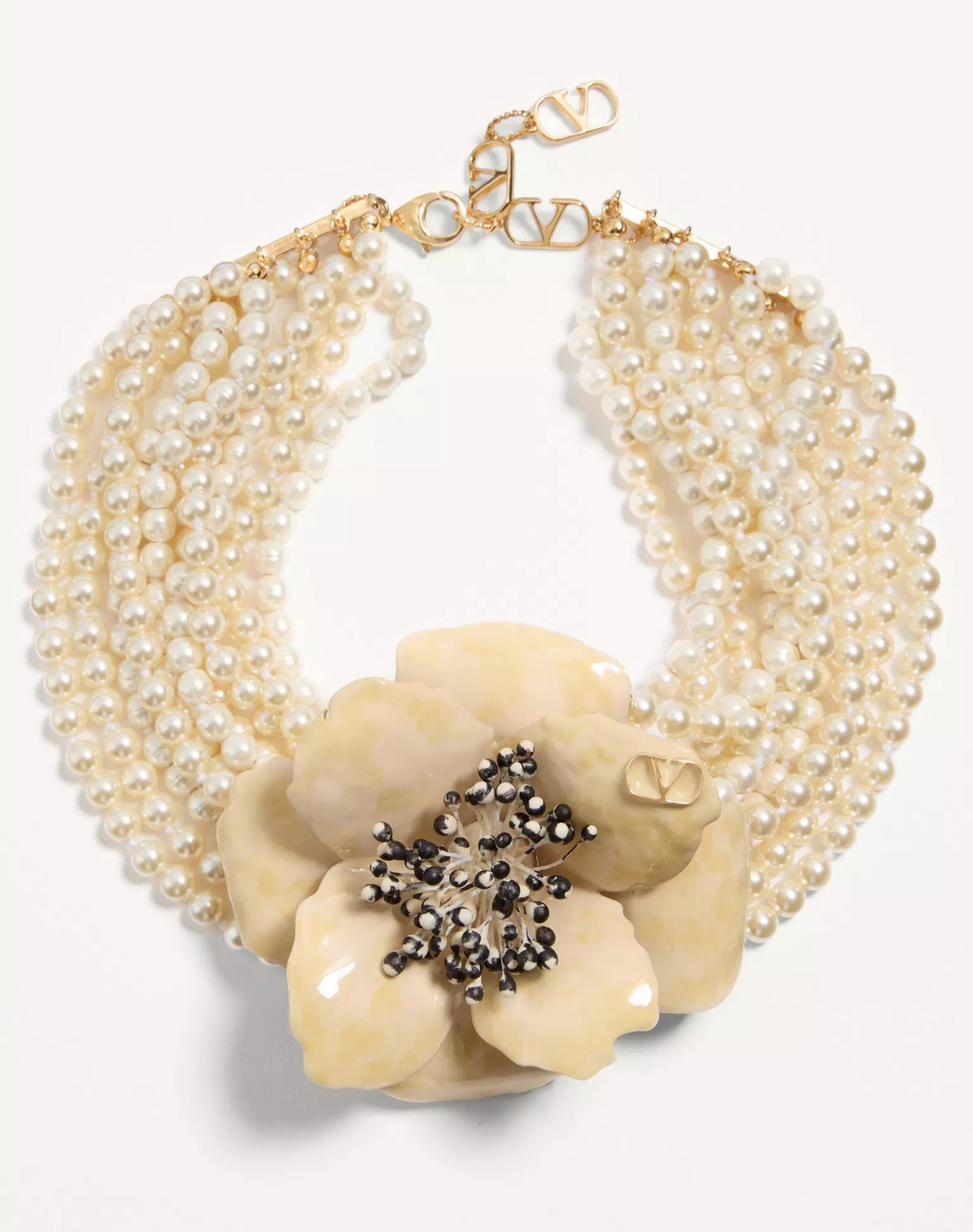 Fleur Lumineuse Necklace In Metal, Enamel, Pearls And Fabric