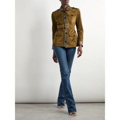 Belted leather-trimmed suede jacket