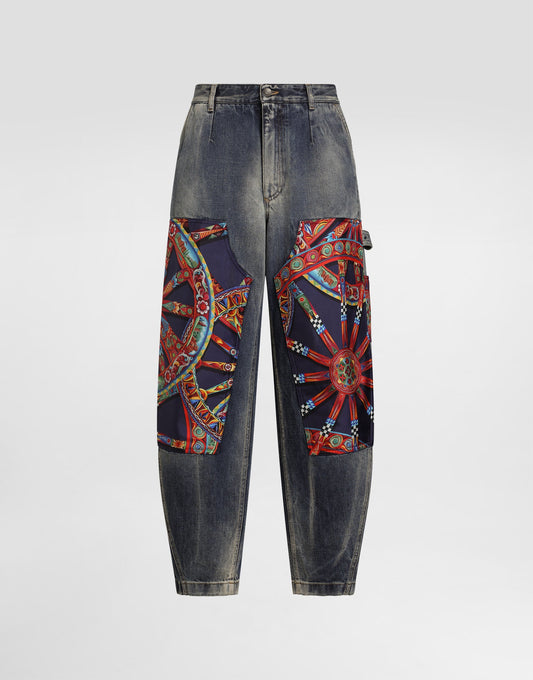 Cotton Denim Trousers With Carretto-print Applications