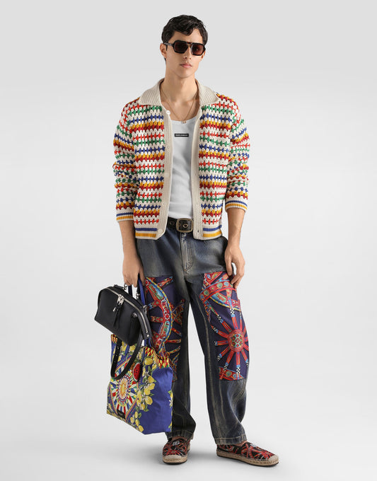 Cotton Denim Trousers With Carretto-print Applications