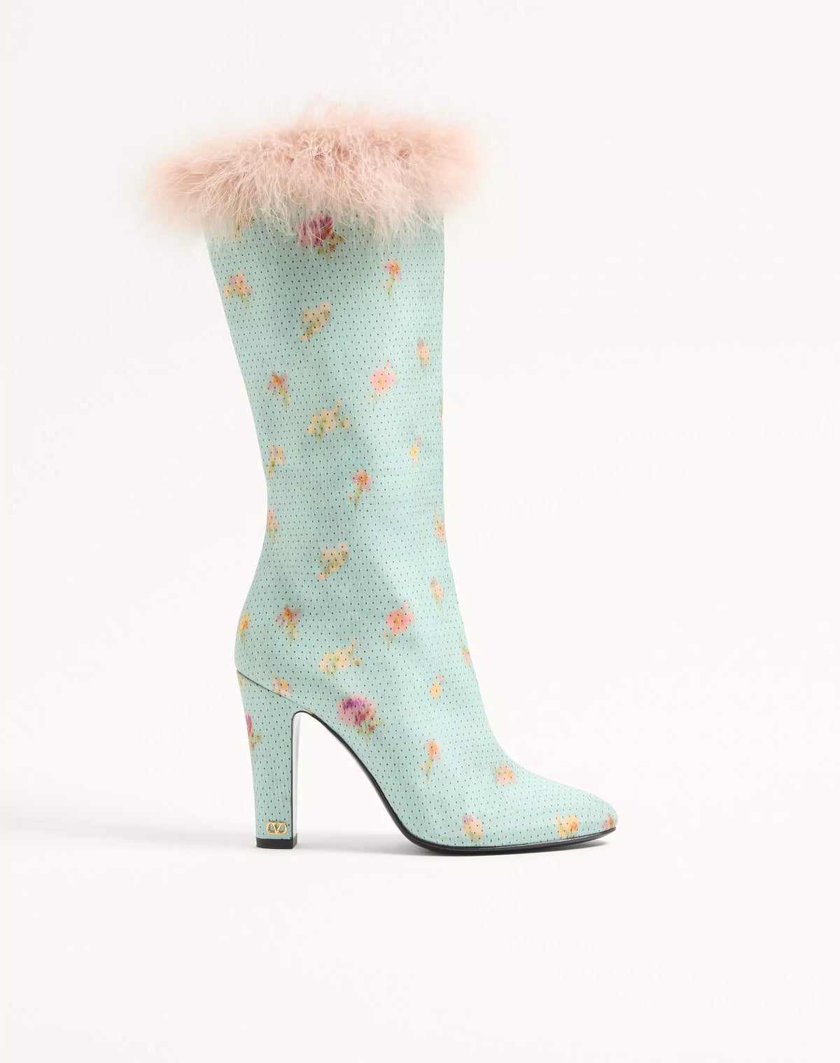 Hotty Boot In Chiné Fabric With Floral And Polka-Dot Pattern And Feathers 100MM