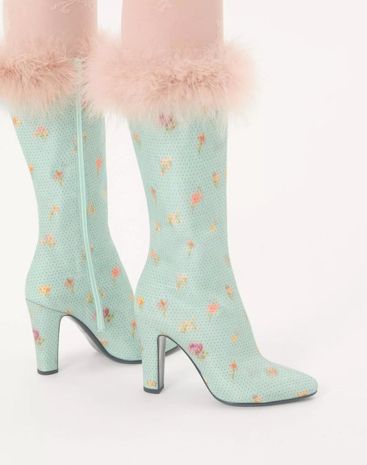 Hotty Boot In Chiné Fabric With Floral And Polka-Dot Pattern And Feathers 100MM