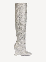 Wedge Thigh-high Satin Boots With Crystals