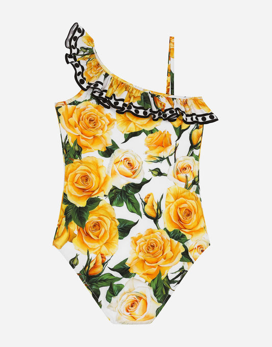 Spandex One-Piece Swimsuit With Yellow Rose Print