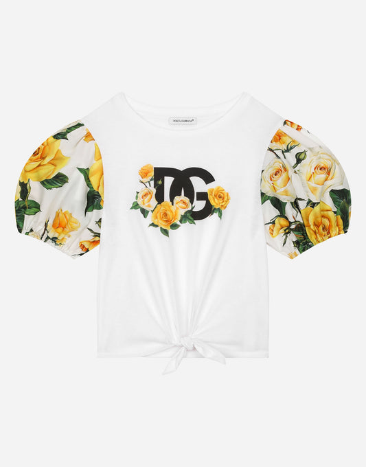 Poplin And Jersey T-Shirt With Yellow Rose Print And DG Logo