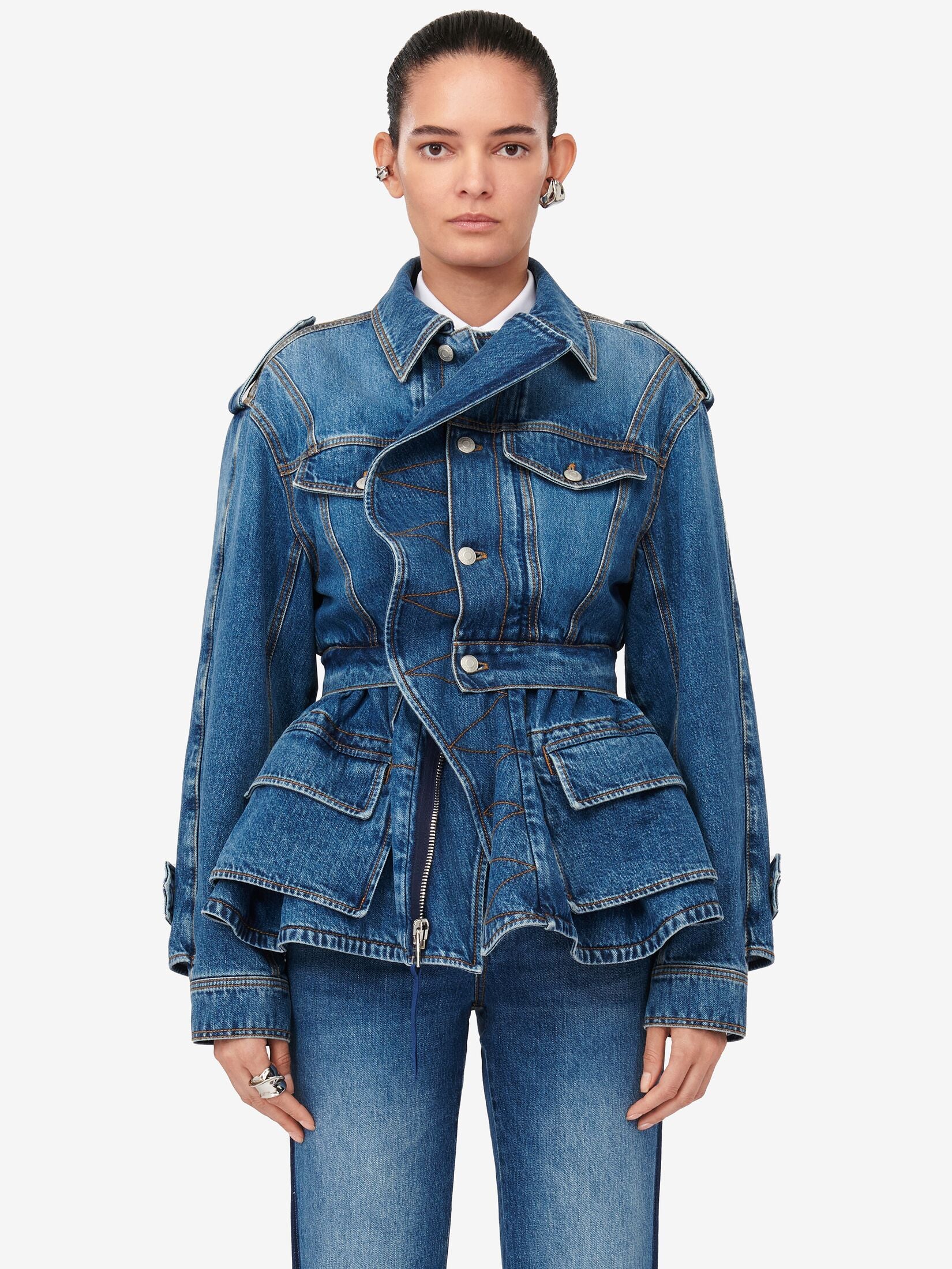 Women's Patch Pocket Peplum Denim Jacket in Washed Blue