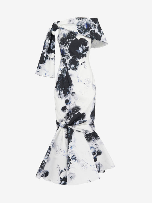 Women's Chiaroscuro Off-the-shoulder Dress in White/black/electric Blue