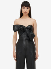 Women's Knotted Bow Leather Corset in Black