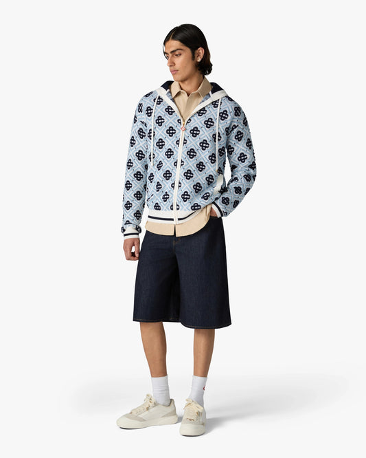 Blue Merino Monogram Zip‑up Hooded Sweatshirt