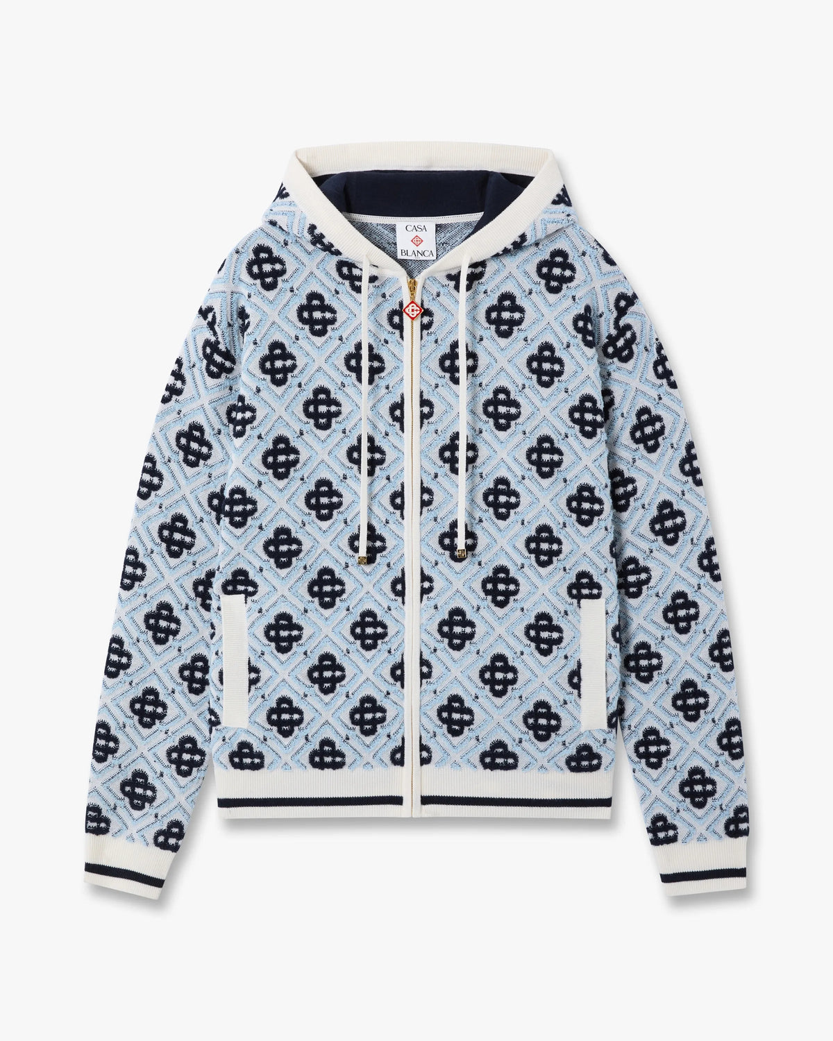 Blue Merino Monogram Zip‑up Hooded Sweatshirt
