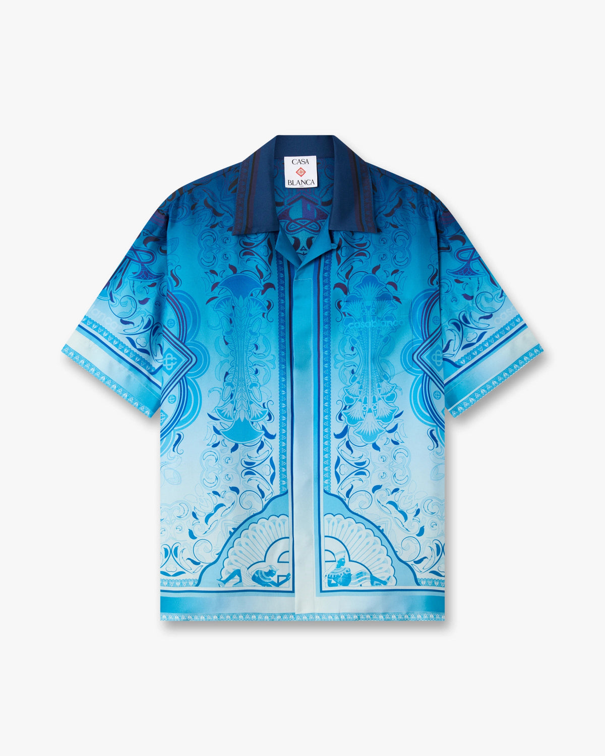 Blue Gradient Egyptian Rug Short Sleeve Silk Shirt