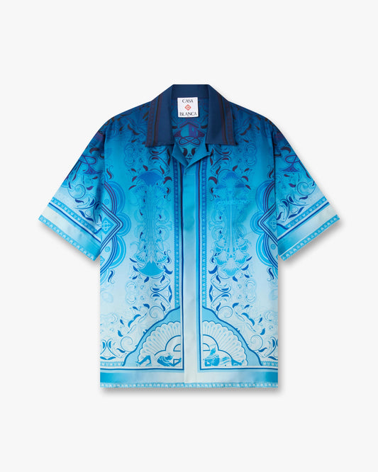 Blue Gradient Egyptian Rug Short Sleeve Silk Shirt