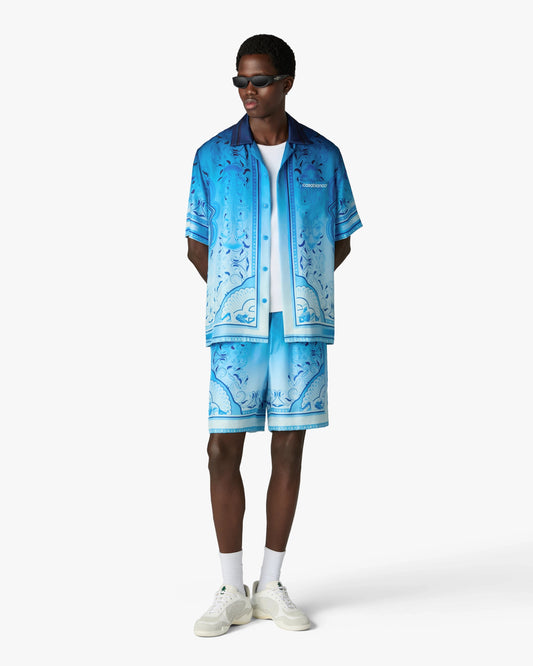 Blue Gradient Egyptian Rug Short Sleeve Silk Shirt