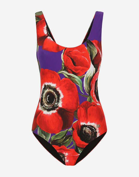 Racing Swimsuit With Anemone Print