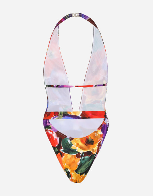 Belted One-piece Swimsuit With Abstract Flower Print