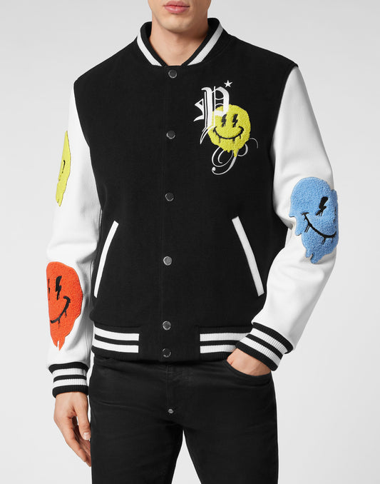 Woolen Cloth College Bomber With Leather Arms Smile